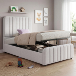 Polsterdatud voodi, Lastevoodi 90 x 200cm, H&uuml;draulilise funktsiooniga voodi, Lipprestiga voodi, Suur hoiuruum, Polsterdatud peats, Hall, Linane 216 x 96 x 100 cm hall
