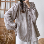 Johnature Vintage naiste topid Pluusid Kevad-s&uuml;gis volangidega krae lips lahtised lihtsad naiste s&auml;rgid One Size helelilla v&auml;rv