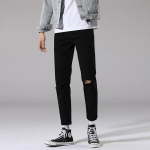 Spring Fashion br&auml;ndi mustad elastsed teksad meestele Korea versioon Slim Fit meeste vabaaja p&uuml;ksid perforeeritud &uuml;hev&auml;rviliste jalap&uuml;kstega meeste moe jaoks 28