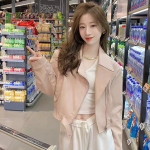 Kvaliteetne Ameerika l&uuml;hike jope Nahkjakk Kevadjope V&auml;ike varas&uuml;gisene Lihtne mootorrattariietus Moesuund Port tuulejope S roosa