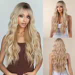 Ombre Blonde Platinum s&uuml;nteetilised parukad, pikad lokkis lainelised naturaalsete juuste parukas naistele Afro-Cosplay parukas Kuumakindlad tukkidega parukad