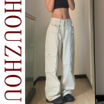 Oversize Vintage Cargo p&uuml;ksid Naiste t&auml;navar&otilde;ivad lahtised t&ouml;&ouml;r&otilde;ivad teksad Naiste k&otilde;rge v&ouml;&ouml;koht, sirge laia s&auml;&auml;rega p&uuml;ksid p&uuml;ksid Y2k stiilis S elevandiluuvalge