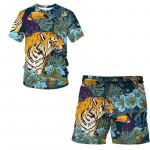 Meeste spordi&uuml;likond T-s&auml;rk + l&uuml;hikesed p&uuml;ksid trenniriided 2-osaline komplekt Multikas loom 3D leopardtr&uuml;kk l&uuml;hikeste varrukatega spordiriided XL