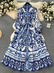 Big Size Runway Punane Sinine ja Valge Portselan Print Holiday Maxi Kleit Naiste Seis &Uuml;herealine lahtine Paelad Rihm pikk R&uuml;&uuml; M sinine