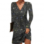 Naiste kleit V-kaelusega pikkade varrukatega l&auml;ikiv litritega lahtine A-line &uuml;hev&auml;rviline pehme hingav pullover, elastne &uuml;le p&otilde;lve ulatuv piduklubi minikleit L must