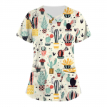 Suures suuruses armsad tr&uuml;kitud Scrub t&ouml;&ouml;vormi topid naistele V-kaelusega l&uuml;hikeste varrukatega l&otilde;busad T-s&auml;rgid taskutega t&ouml;&ouml;riiete s&auml;rk L beež