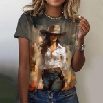 Uus vintage disainiga Cowgirl Print T-s&auml;rk naistele Suure suurusega top Naiste trendir&otilde;ivad Moodsad l&uuml;hikeste varrukatega s&auml;rgid S