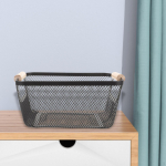 Mesh Metal Storage Basket with Wood Handle Container Versatile Vegetables Kitchen Organizer L 35.5x22.5x15.5cm