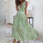 IHUASU Naiste s&uuml;gava V-kaelusega varrukateta seksikad k&otilde;rge v&ouml;&ouml;kohaga suure kiiksuga satiinkleidid S roheline