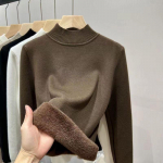 S&uuml;gis-talvine pl&uuml;&uuml;sist paks sametp&otilde;hjaga naiste kampsun pikkade varrukatega poolk&otilde;rge kraega soe kootud kampsun naiste elegantne &uuml;hev&auml;rviline pullover topp 24870 One Size tumepruun v&auml;rv