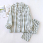 Kevad/suvi paari pidžaamakomplekt, puuvillane kahekihiline marli meeste ja naiste Jaapani ruuduline pikkade varrukatega komplekt M