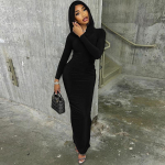 Kapuutsiga pikkade varrukatega Bodycon Maxi Kleit Moodne Tihe vabaaja T-s&auml;rk Kleit S&uuml;gistalvine Pikk Kleit Must Hall L