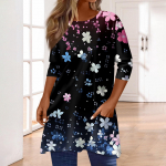 3/4 varrukatega taskutega topid naistele T-s&auml;rk Vabaaja tr&uuml;kiga keskmise pikkusega topid T-s&auml;rk &Uuml;mara kaelusega kampsun Pluus XXL roosa