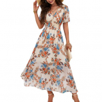 Naiste boho suvine maksikleit, s&uuml;gav V-kaelus, volangidega l&uuml;hikeste varrukatega, &scaron;ifoonist rannakleit, vabaaja lilleprindiga pikad kleidid S must