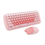 Armas juhtmevaba klaviatuuri ja hiire komplekt, mis uhkeldab segav&auml;rviliste &uuml;marate klahvidega, kirjutusmasina stiilis klaviatuuri ja hiirega roosa