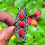 Italian Red Coral Handmade 925 Sterling Silver Gift Ring Size 11.5 h4e46