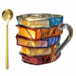 3D raamatukujuline kohvikruus lusikaga, k&auml;sitsi maalitud raamatukruus, retro, romaanist inspireeritud kruus, kuumade ja k&uuml;lmade jookide tass, kingitused raamatus&otilde;pradele, kontor A