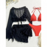 4TK P&auml;itsed koos sarongiga Pikkade varrukatega Bikini Naiste Ujumistrikoo Naiste Ujumisr&otilde;ivad Neljaosaline Bikiinikomplekt Ujuja Ujumisriided Ujumisriided V6338B S