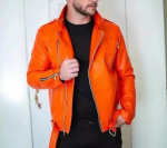 Meeste Jakk Oranž Ehtne K&auml;sit&ouml;&ouml; Stiilne Lambanahast Nahk Mootorrattur Biker Kulumine S oranž
