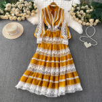 Luksuslikud disainer s&uuml;gisised v&auml;ljal&otilde;igatud tikandiga balli&otilde;htukleidid naistele, pitsist lapitehnika, V-kaelus, pikad laternvarrukad, maksikleit S