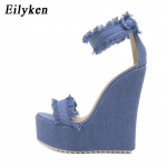 Moodsad Eilykeni disainer-denim-sandaalid Suveks Naistele K&otilde;rge Kvaliteediga Kiilud K&otilde;rged Kontsad Avatud Varba Platvormiga Rooma Sandaalid 35 sinine