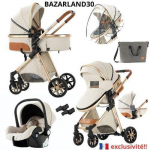 BAZARLAND30.Poussette 3 en 1 B&eacute;b&eacute; Combin&eacute;e Si&egrave;ge-Auto Nacelle Trio R&eacute;versible Haute Qualit&eacute; Roues increvables Canne.Blanc cass&eacute; valge