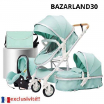 BAZARLAND30.Poussette 3 en 1 B&eacute;b&eacute; Combin&eacute;e Si&egrave;ge-Auto Nacelle Trio R&eacute;versible R&eacute;glable Haute Qualit&eacute; Roues increvables Canne.Vert roheline