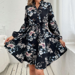 Naiste vintage lillemustriga vabaajakleidid pikkade varrukatega V-kaelusega k&otilde;rge v&ouml;&ouml;kohaga S must