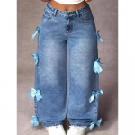 Naiste Vabaaja Vibu Dekoratsiooniga Teksad Y2k Sinised Baggy Denim P&uuml;ksid Lahtised Sirge L&otilde;ikega Magus Kokettne Esteetika Pesuga Teksad L