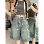 Naiste k&otilde;rge v&ouml;&ouml;kohaga retro pestud laia s&auml;&auml;rega teksad t&uuml;drukutele t&auml;navat&auml;ht l&otilde;dvad denim p&uuml;ksid naiste sinised p&otilde;lvpikkusega l&uuml;hikesed p&uuml;ksid S sinine