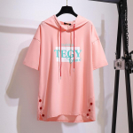 2XL~6XL suur naiste s&auml;rk kapuutsiga &uuml;lemine Korea versioon lahtisest l&uuml;hikeste varrukatega T-s&auml;rgist suures suuruses naiste riided 2XL must