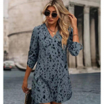 Avara pikkade varrukatega kleit High Street Leopard-tr&uuml;kiga V-kaelusega kleit Naiste vabaaja stiilsed kontori-daami A-kujulised kleidid 25597 S sinine