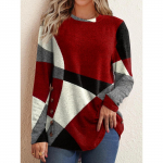 Kevadmood, kontrastsusega v&auml;rvitr&uuml;kiga T-s&auml;rgi topid O-kaelusega pikkade varrukatega lahtised vabaaja pullover T-suured naisteriided XXXXXL punane