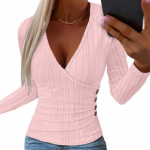 Naiste &uuml;hev&auml;rvilised topid s&uuml;gava V-kaelusega elegantsed &otilde;hukesed pikkade varrukatega pluus, mis sobivad n&ouml;&ouml;pidega, kaunistustega, soonikuga pullover 2XL aprikoosi