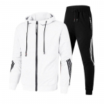 Meeste s&uuml;gisene kapuutsiga slim fit triibuline sportlik vabaaja komplekt S valge