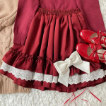WTEMPO Kawaii Lace Lolita seelikud Naistele Harajuku Vintage volangidega lapitehnika elastne v&ouml;&ouml;koht Miniseelikud Pehmed t&uuml;drukute Jaapani t&auml;navar&otilde;ivad One Size punane