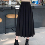 HOUZHOU pikkade plisseeritud seelik naiste vintage Korea mood, soliidne k&otilde;rge v&ouml;&ouml;kohaga A-line Midi seelik Koolit&uuml;drukule Elegantne vabaaja s&uuml;gis S must