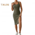 Suvine naiste kleit ruudukujuline kaelus, varrukateta, k&otilde;hn, elastne pool, poolitatud &uuml;mbris, l&otilde;ngaga, &uuml;hev&auml;rviline OL pendeldamine hingav klubipeokleit L hall