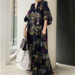 Puuvillane linane tr&uuml;kitud pluss-suuruses suvekleit naistele V-kaelusega vabaaja lahtine &uuml;lisuur kleit naistele lihtne vintage lilleline elegantne kleidid 24363 S tumesinine