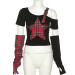 Summer Star Patchwork Crop Tops Ruuduline T-s&auml;rk Naiste Moodsad &uuml;he &otilde;laga Y2k Tee Oversleeve Haldjas grunge s&auml;rgid S must