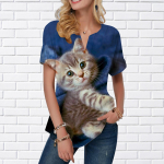 Naiste suvine T-s&auml;rk Kassipojad Tr&uuml;kitud l&uuml;hikeste varrukatega T-s&auml;rgid Juhuslikud tr&uuml;kitud topid V&auml;ikesed V-kaelusega l&uuml;hikesed varrukad XS sinine