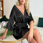 Must kunstsiidist naiste l&uuml;hike kimono hommikumantel - Varrukateta, tutiga v&ouml;&ouml;ga, elegantne ja seksikas kerge koduriietus XXL must