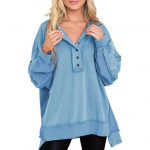 Naiste dressipluus, n&ouml;&ouml;p, &uuml;mmargune kaelus, pikad varrukad, elastne mansett, vaba &uuml;hev&auml;rviline, ebaregulaarne &auml;&auml;ris, pullover, vabaaja sportlik topp L helesinine v&auml;rv