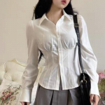 Harajuku &scaron;ikk, seksikas valge naiste s&auml;rgid Korea mood Volditud Slim Fit pikkade varrukatega topid Uue disainiga vabaaja elegantsed naiste k&otilde;ik sobivad riided S valge