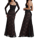 Kleit Maxi Kleit 2-osaline korsett Capelet Lilleline pehme v&otilde;rguga Seksikas &otilde;htukleit, r&auml;tikuga, n&ouml;&ouml;riga pitskorsett L must