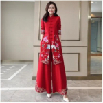 Naiste Kevad-S&uuml;gis Etniline Stiil Elegantne &Uuml;likond Temperament Pikkade Varrukatega Kraega Bluus + Cheongsam Laiade Jalgadega P&uuml;ksid Kaheosaline Komplekt 4XL punane