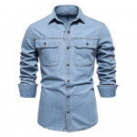 Kevad ja S&uuml;gis Uus Meeste K&otilde;rge Kvaliteediga Pesusiniga T&ouml;&ouml;deldud Denim S&auml;rk, Vabaaja Puuvillane Pikkade Varrukatega S&auml;rk S helesinine v&auml;rv