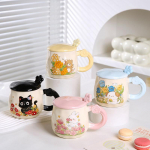 Cute Little Animal with Lid Spoon Ceramic Cup Cartoon High Value Large Capacity Water Cup Set Home Girl Mug 390ML