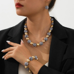 leopardimustriga kontrastsete helmestega kaelakee k&auml;ev&otilde;ru k&otilde;rvar&otilde;ngaste komplekt kuld