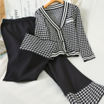 Naiste kootud Houndstooth kardigan pikkade varrukatega kampsuntopid + laiade s&auml;&auml;redega p&uuml;kste komplektid Elegantsed V-kaelusega kudumid p&uuml;ksid 2-osalised r&otilde;ivad XL must